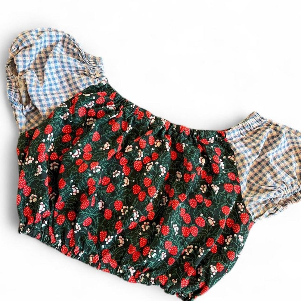Puff Sleeve Strawberry and Gingham Crop Top